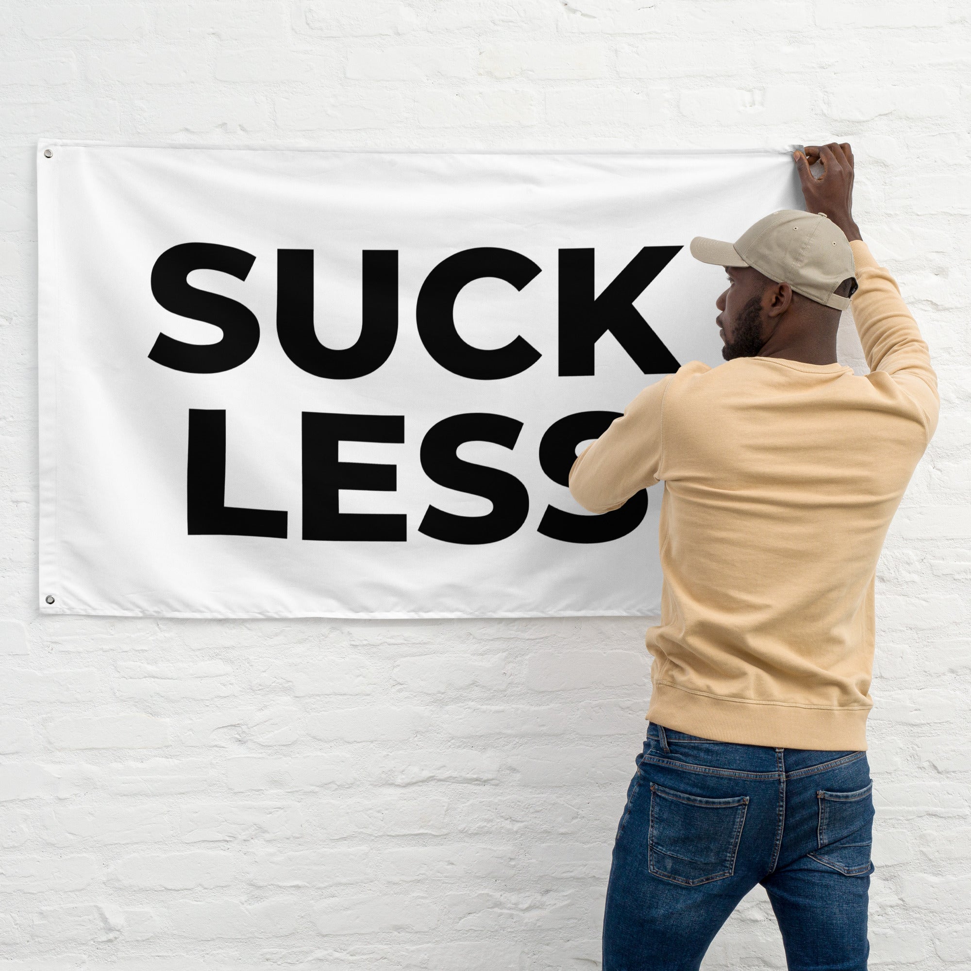 Suck Less White Gym Flag