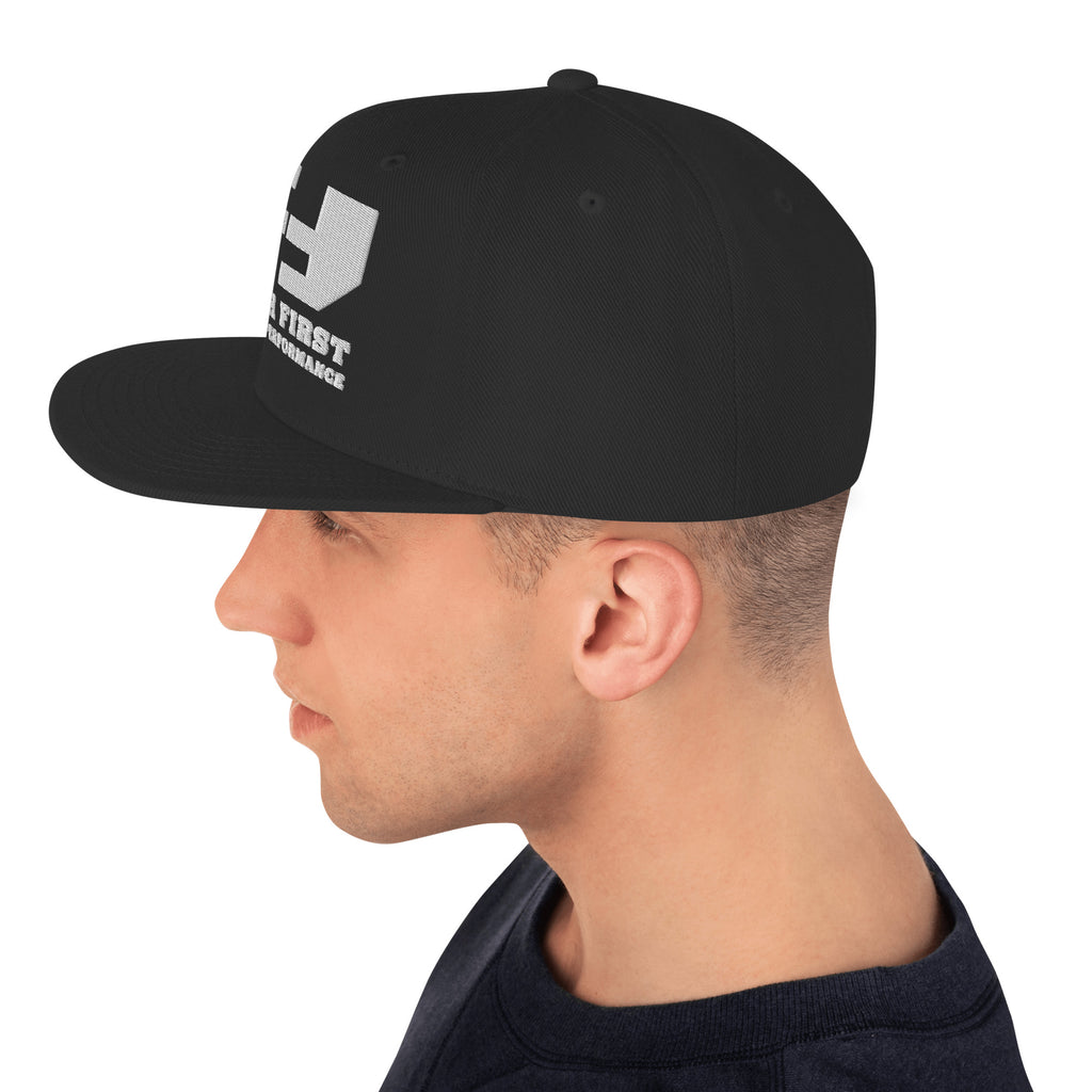 Finish First flat brim snapback in black, left side view
