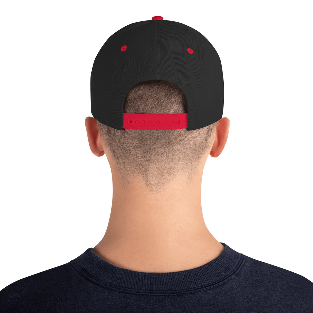 Finish First flat brim snapback in black and red, back view