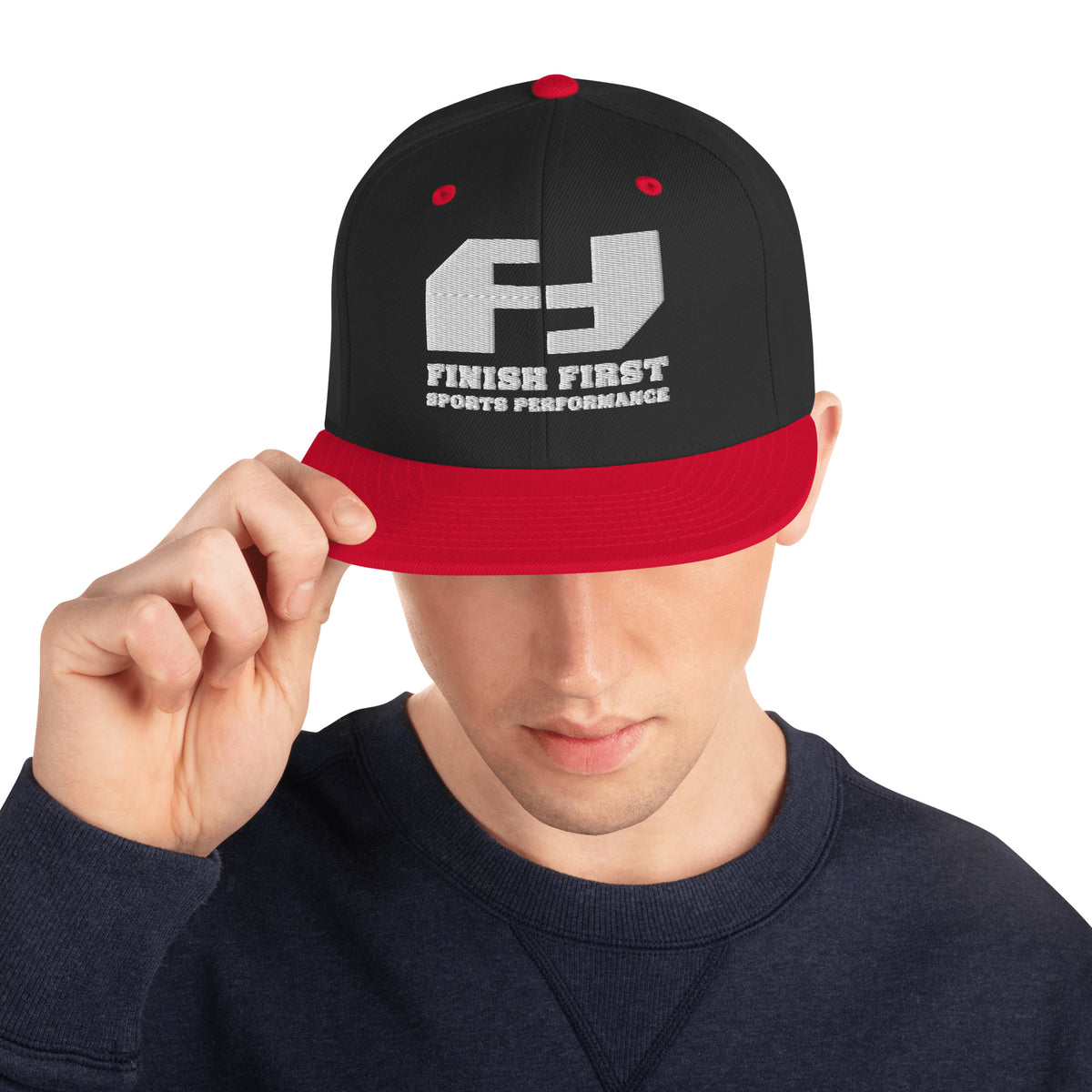 Finish First flat brim snapback in black and red, front view
