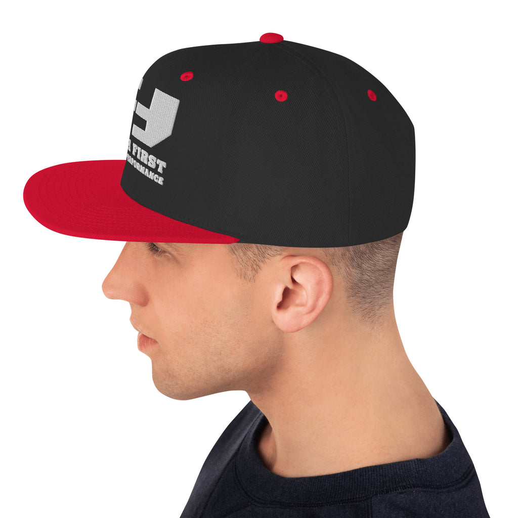 Finish First flat brim snapback in black and red, left side view