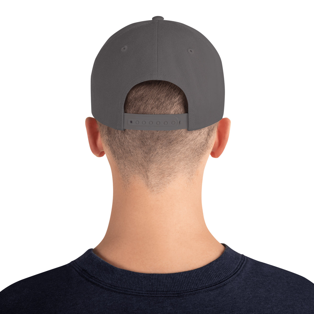 Finish First flat brim snapback in dark grey, back view