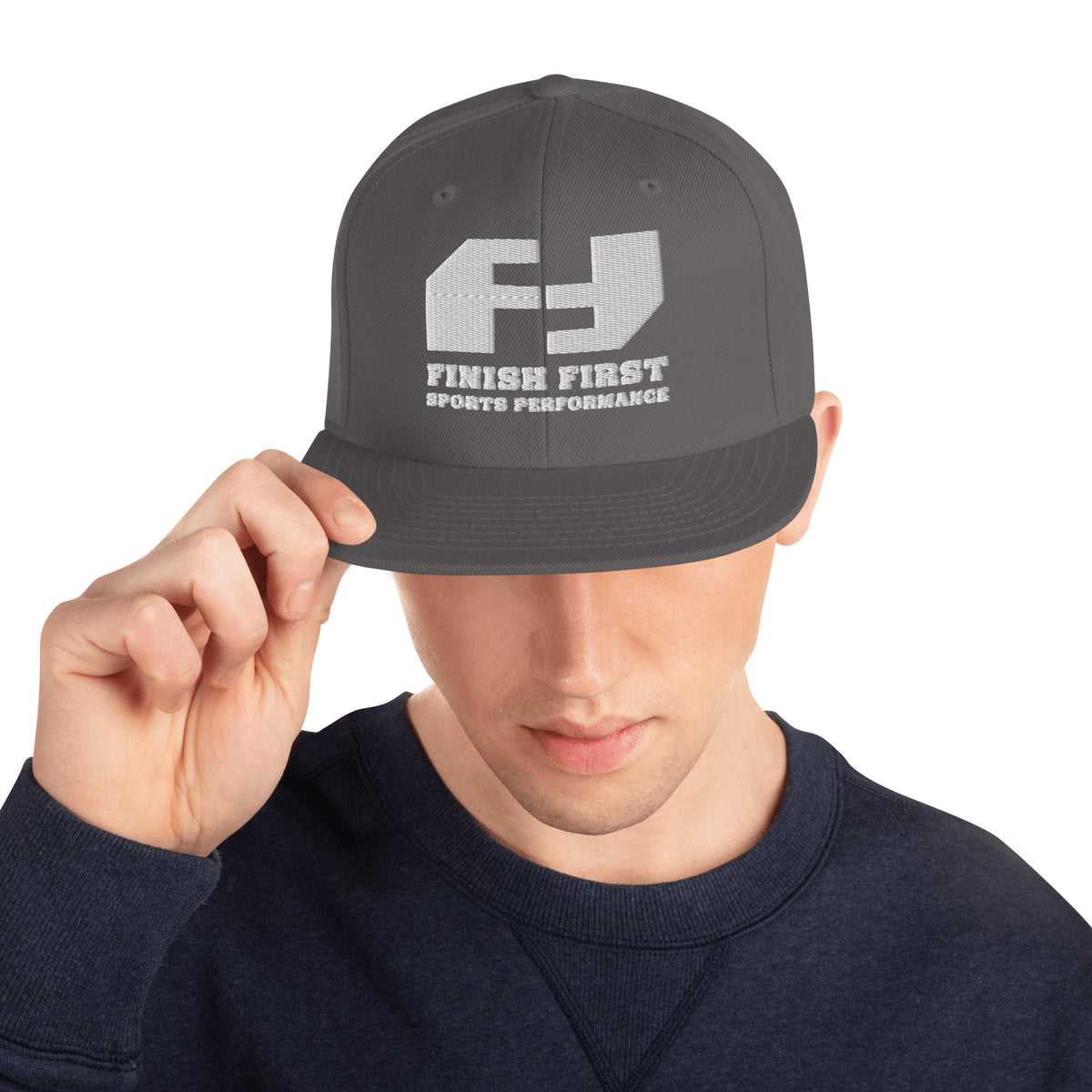 Finish First flat brim snapback in dark grey, front view