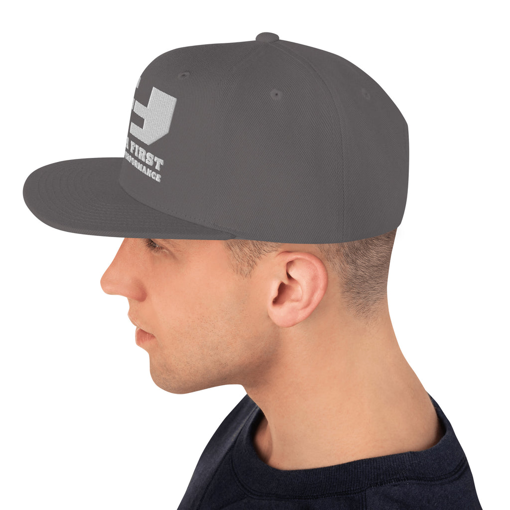 Finish First flat brim snapback in dark grey, left side view