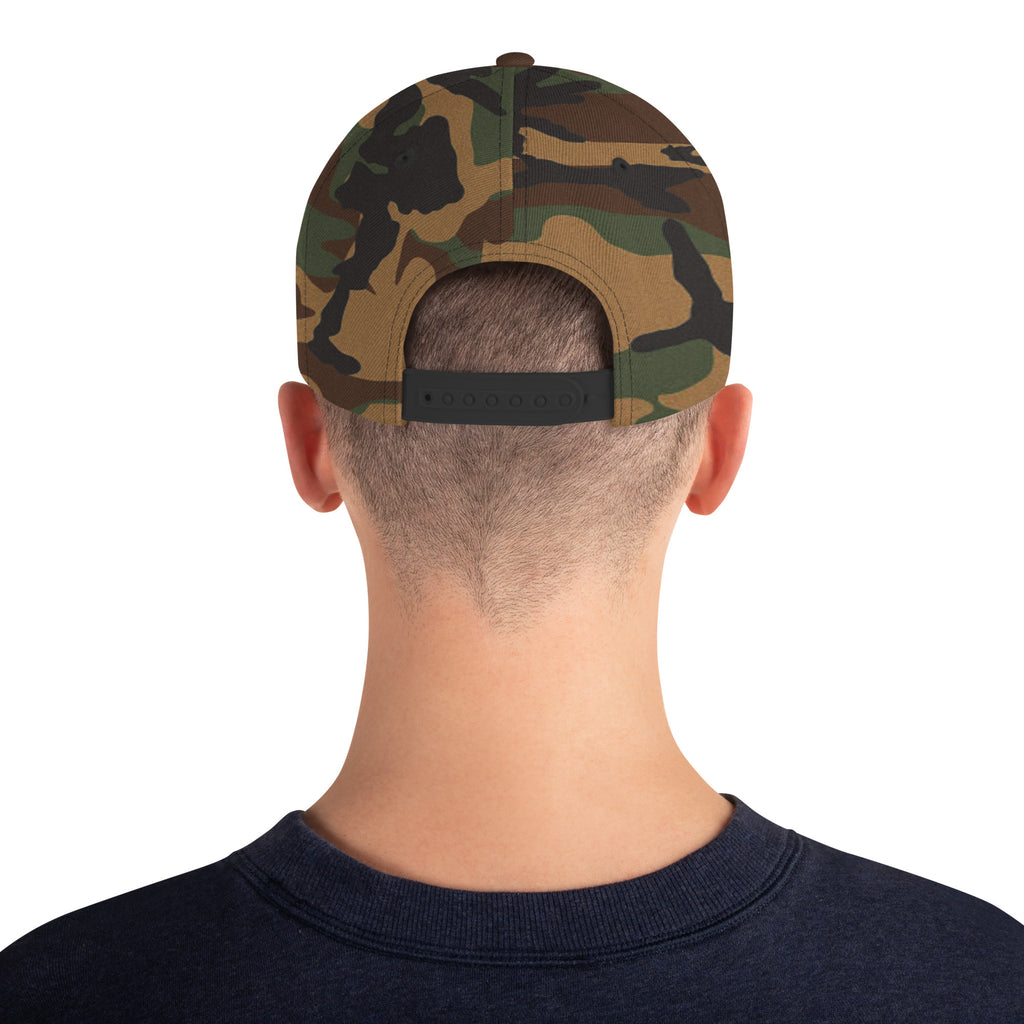 Finish First flat brim snapback in green camo, back view
