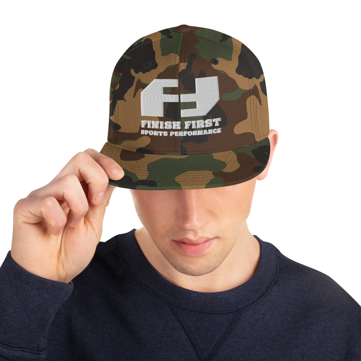 Finish First flat brim snapback in green camo, front view