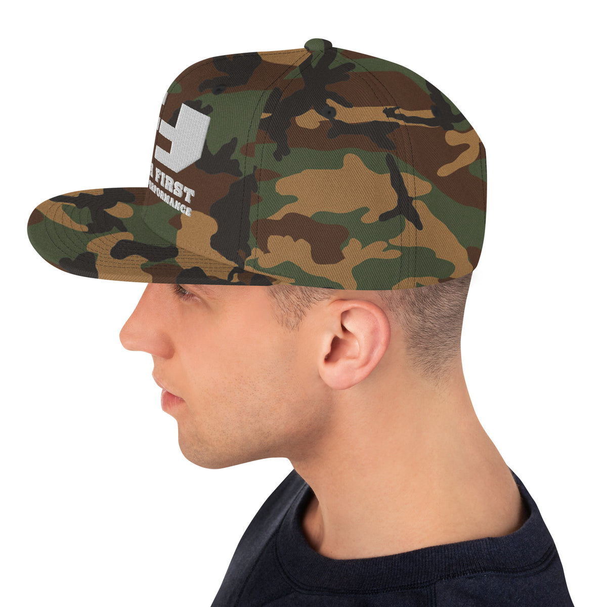 Finish First flat brim snapback in green camo, left side view