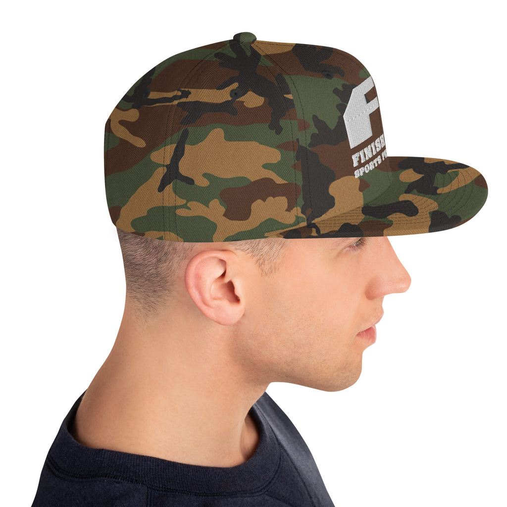Finish First flat brim snapback in green camo, right side view