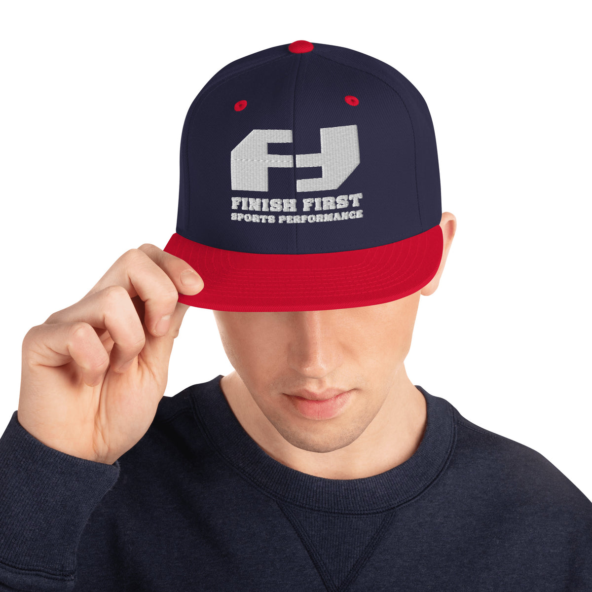 Finish First flat brim snapback in navy and red, front view