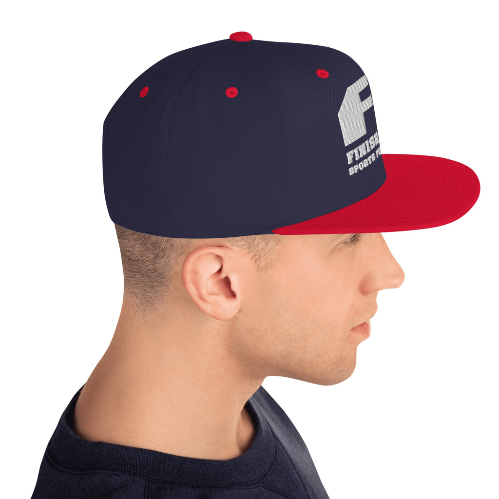 Finish First flat brim snapback in navy and red, right side view