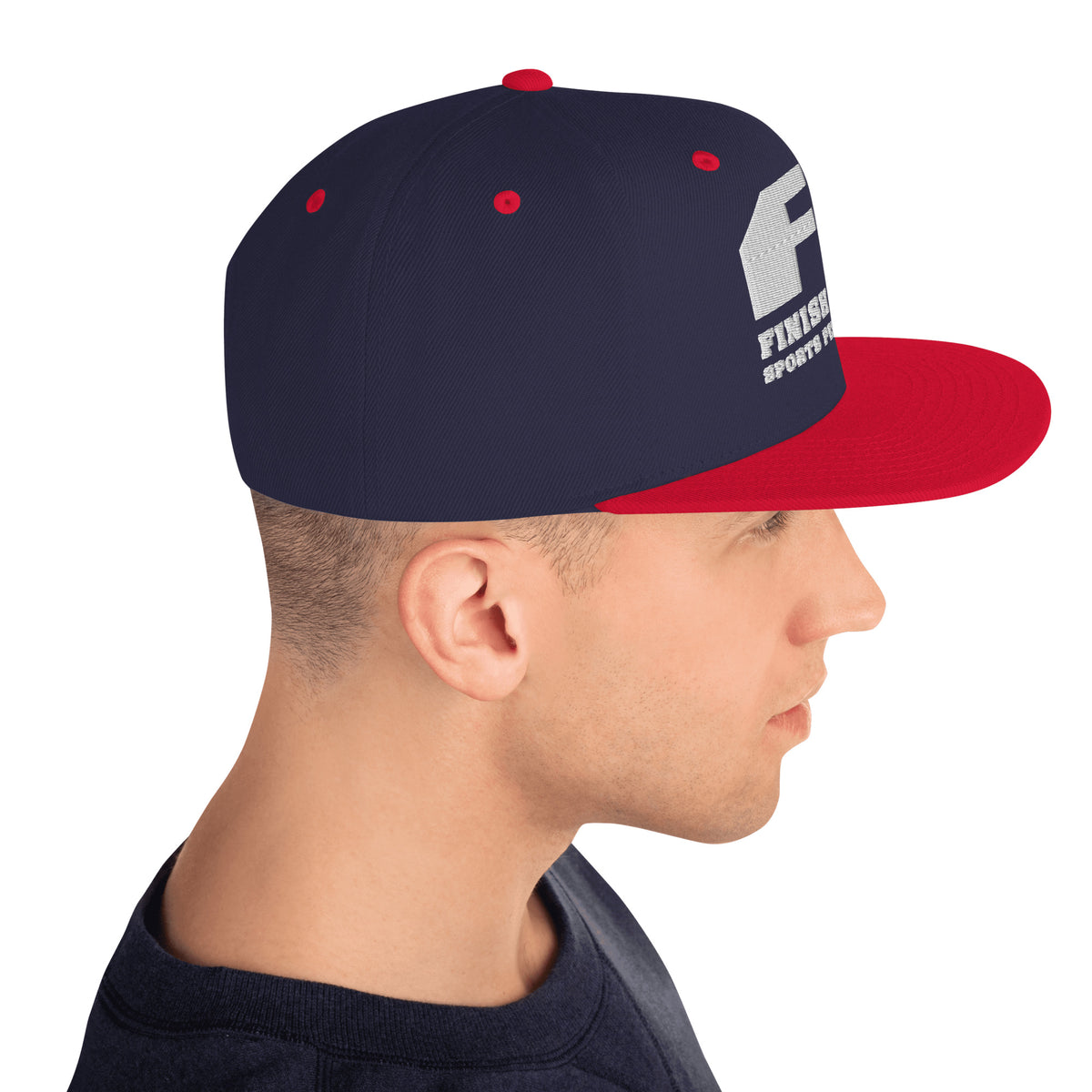 Finish First flat brim snapback in navy and red, right side view
