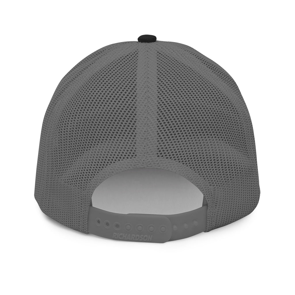 Finish First embroidered trucker cap in black and charcoal, back view