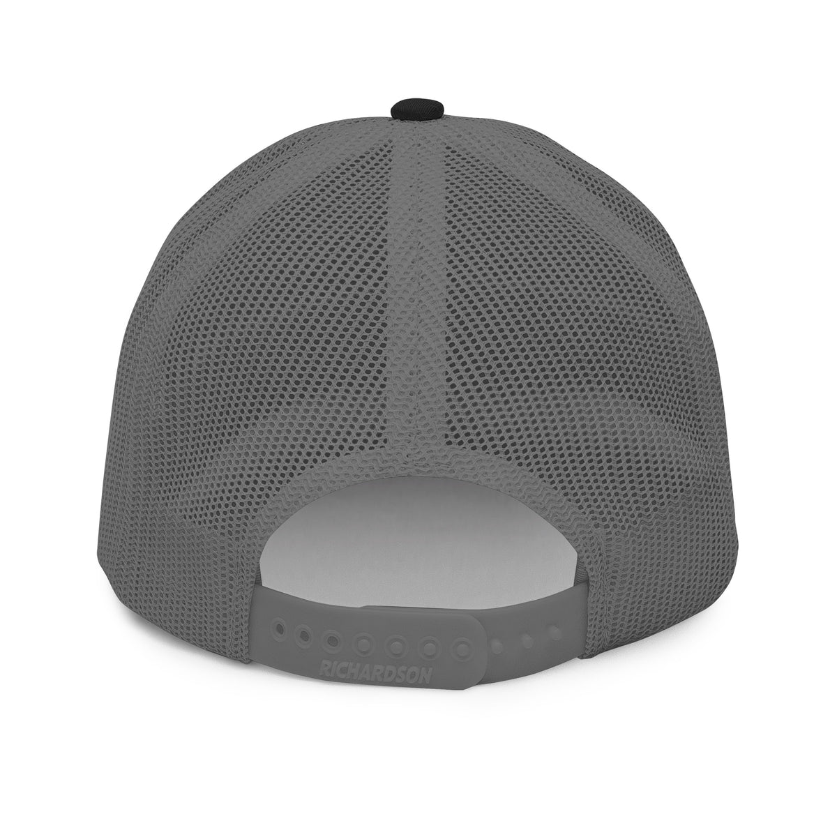 Finish First embroidered trucker cap in black and charcoal, back view
