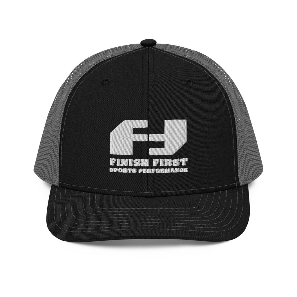 Finish First embroidered trucker cap in black and charcoal, front view