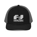 Finish First embroidered trucker cap in black and charcoal, front view