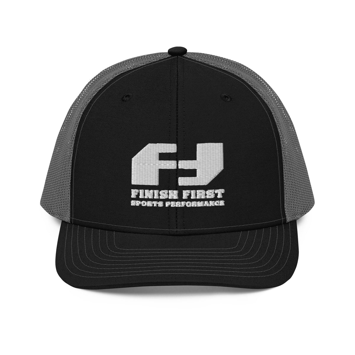 Finish First embroidered trucker cap in black and charcoal, front view