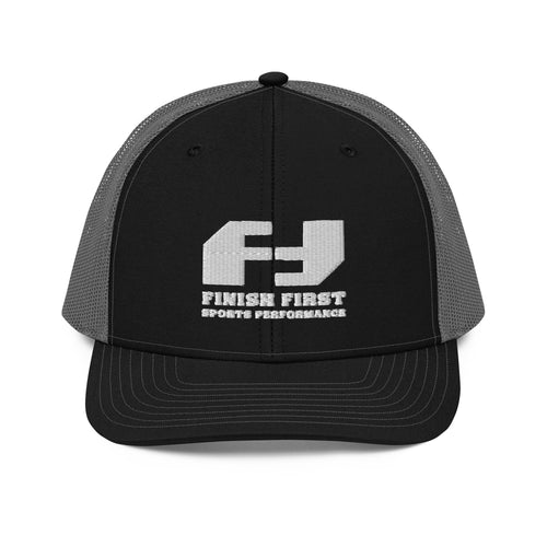 Finish First embroidered trucker cap in black and charcoal, front view