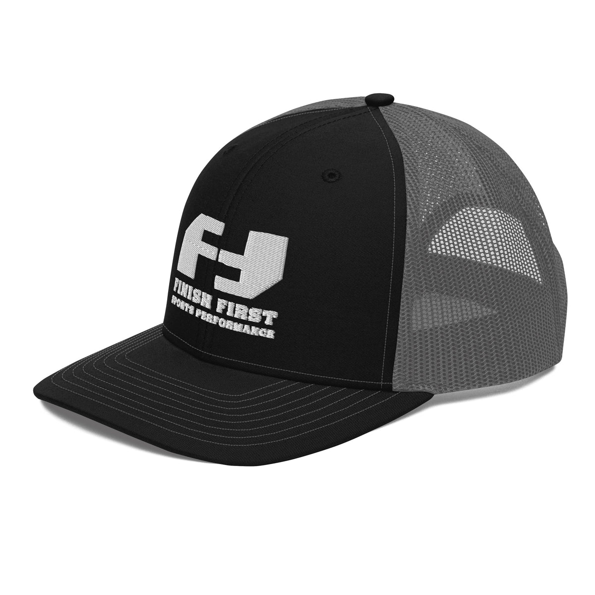 Finish First embroidered trucker cap in black and charcoal, left front view