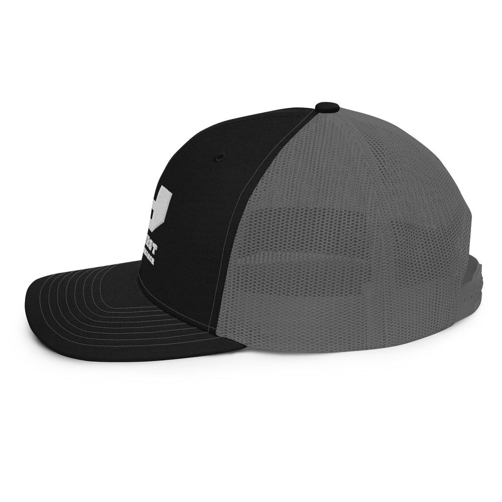Finish First embroidered trucker cap in black and charcoal, left side view