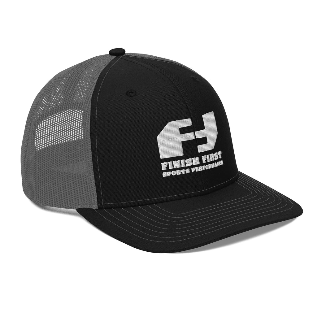 Finish First embroidered trucker cap in black and charcoal, right front view