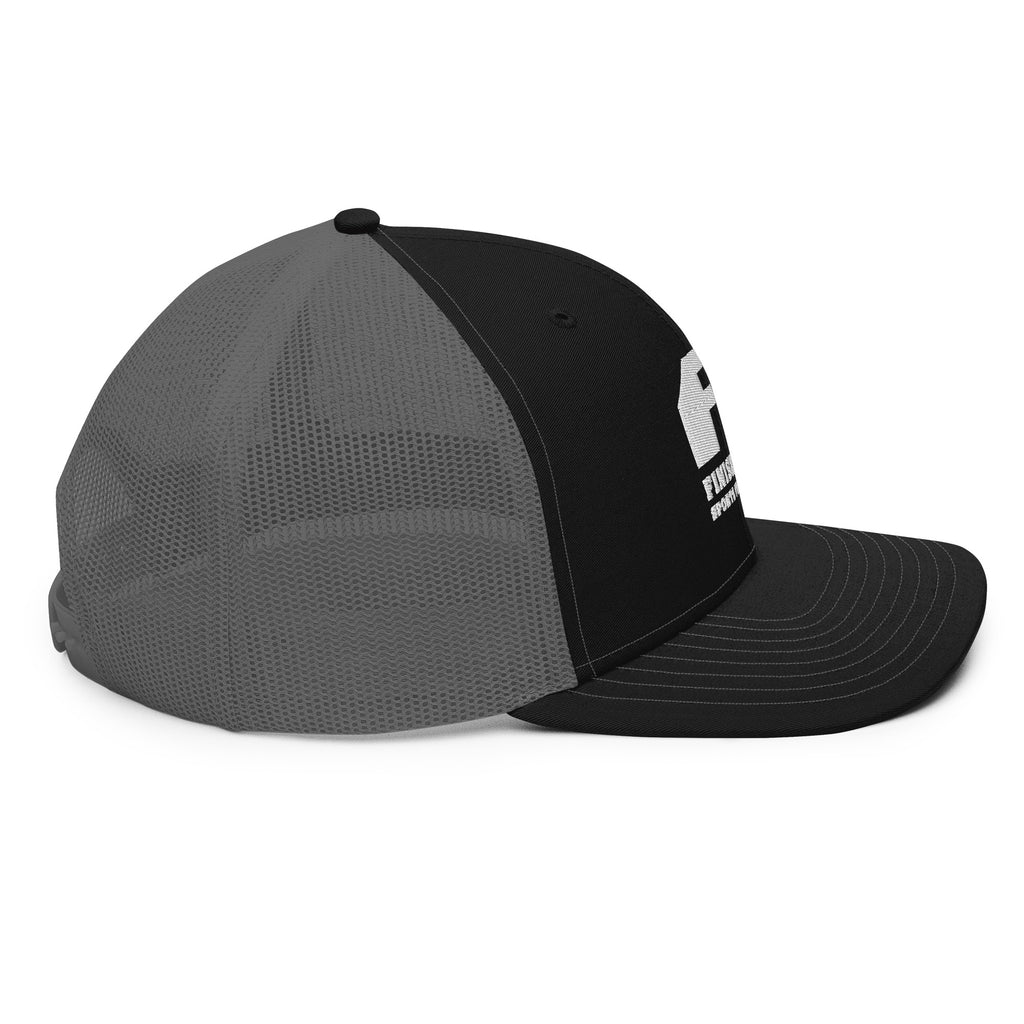 Finish First embroidered trucker cap in black and charcoal, right side view