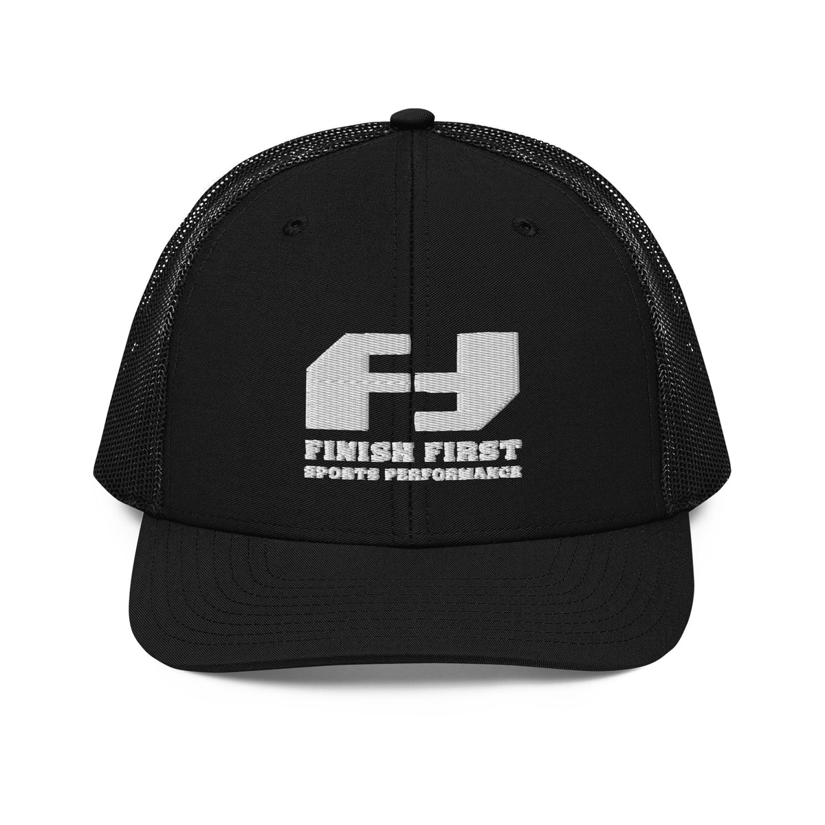 Finish First embroidered trucker cap in black, front view
