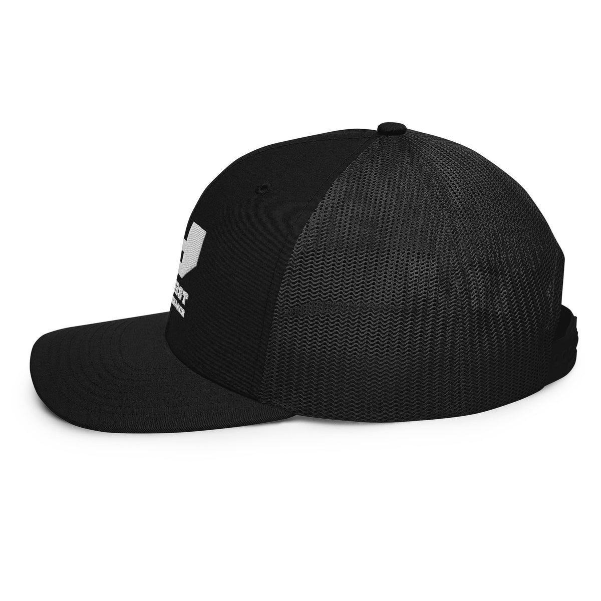 Finish First embroidered trucker cap in black, left side view