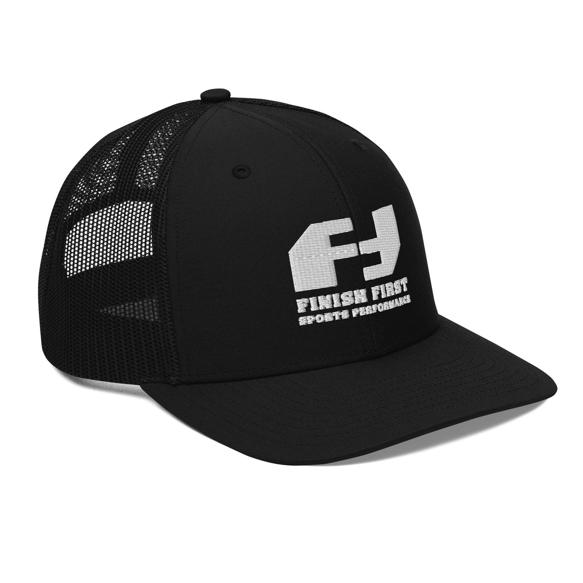 Finish First embroidered trucker cap in black, right front view