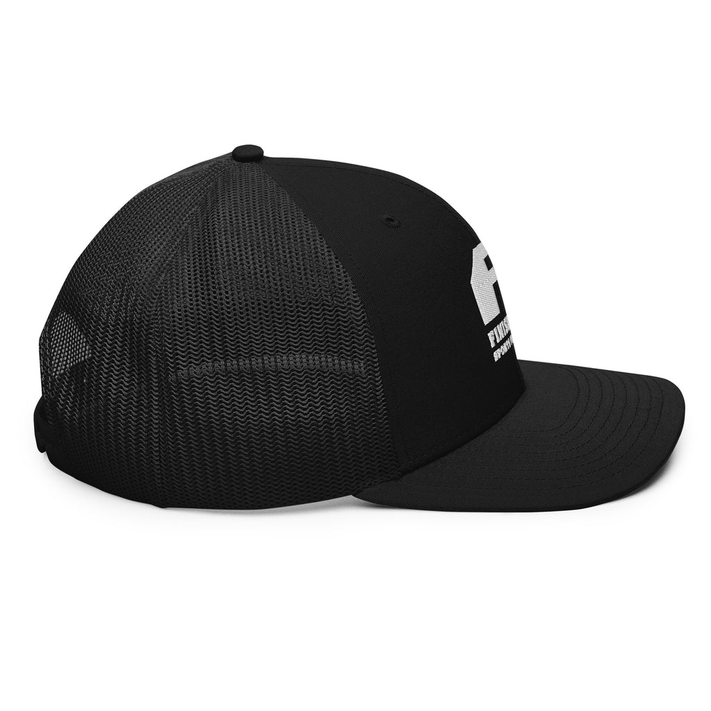 Finish First embroidered trucker cap in black, right side view