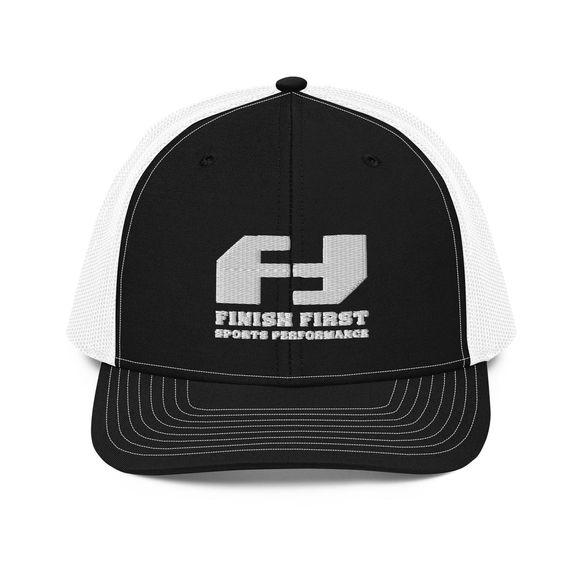 Finish First embroidered trucker cap in black and white, front view