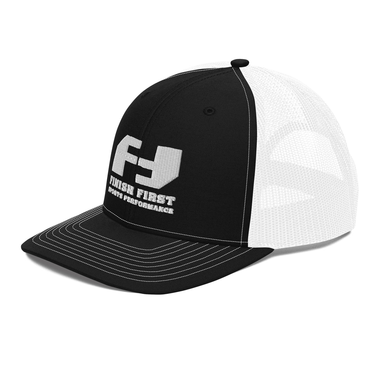 Finish First embroidered trucker cap in black and white, left front view