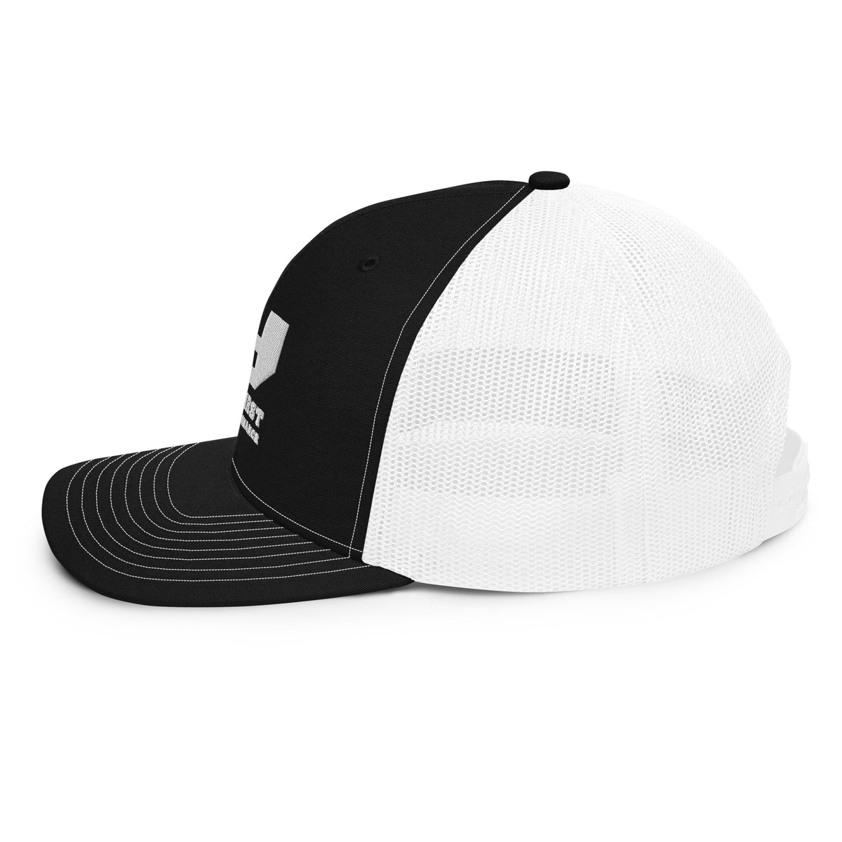 Finish First embroidered trucker cap in black and white, left side view