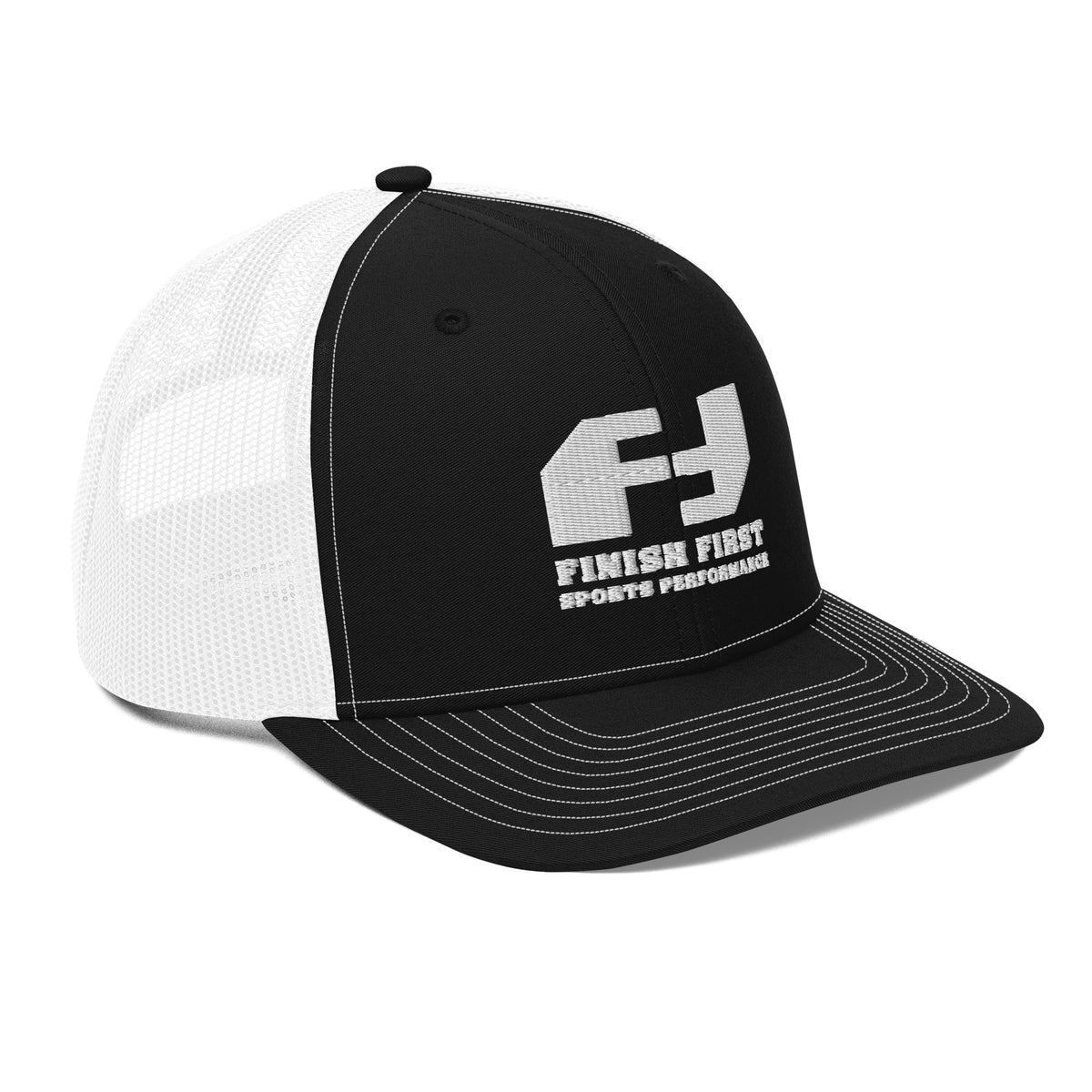 Finish First embroidered trucker cap in black and white, right front view