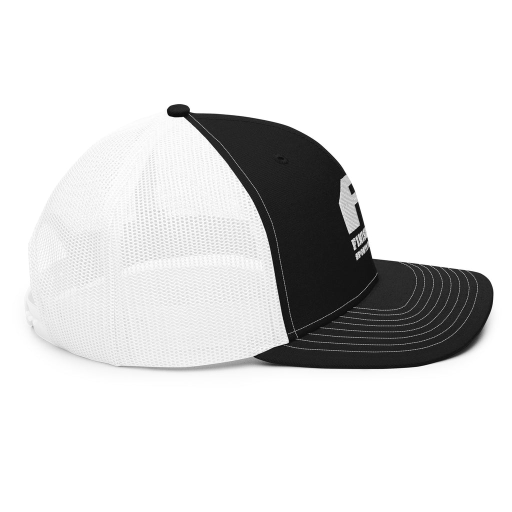 Finish First embroidered trucker cap in black and white, right side view