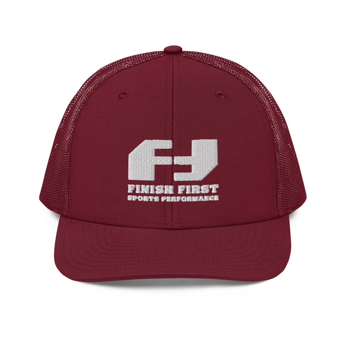 Finish First embroidered trucker cap in cardinal, front view