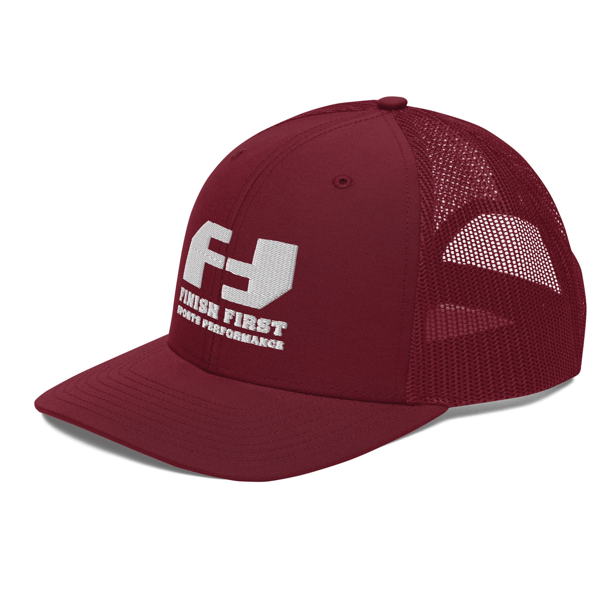 Finish First embroidered trucker cap in cardinal, left front view