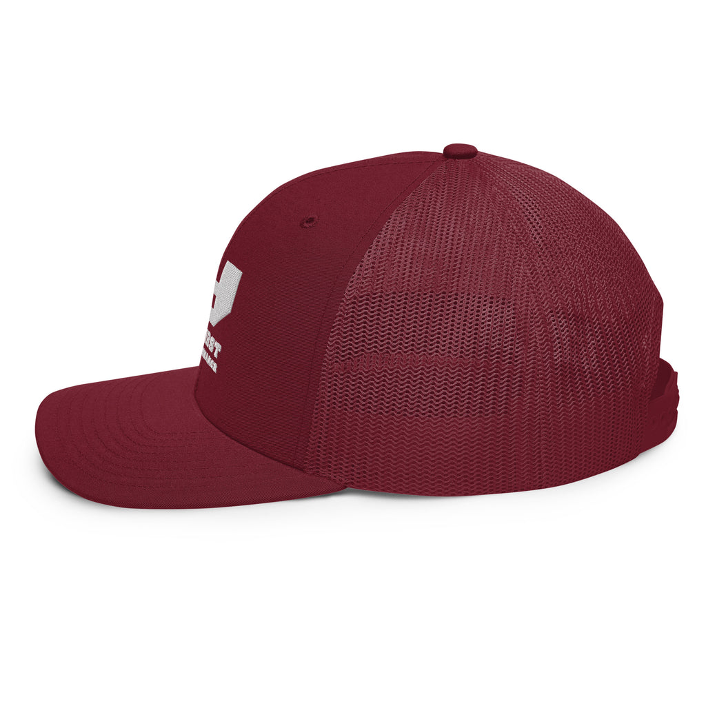 Finish First embroidered trucker cap in cardinal, left side view