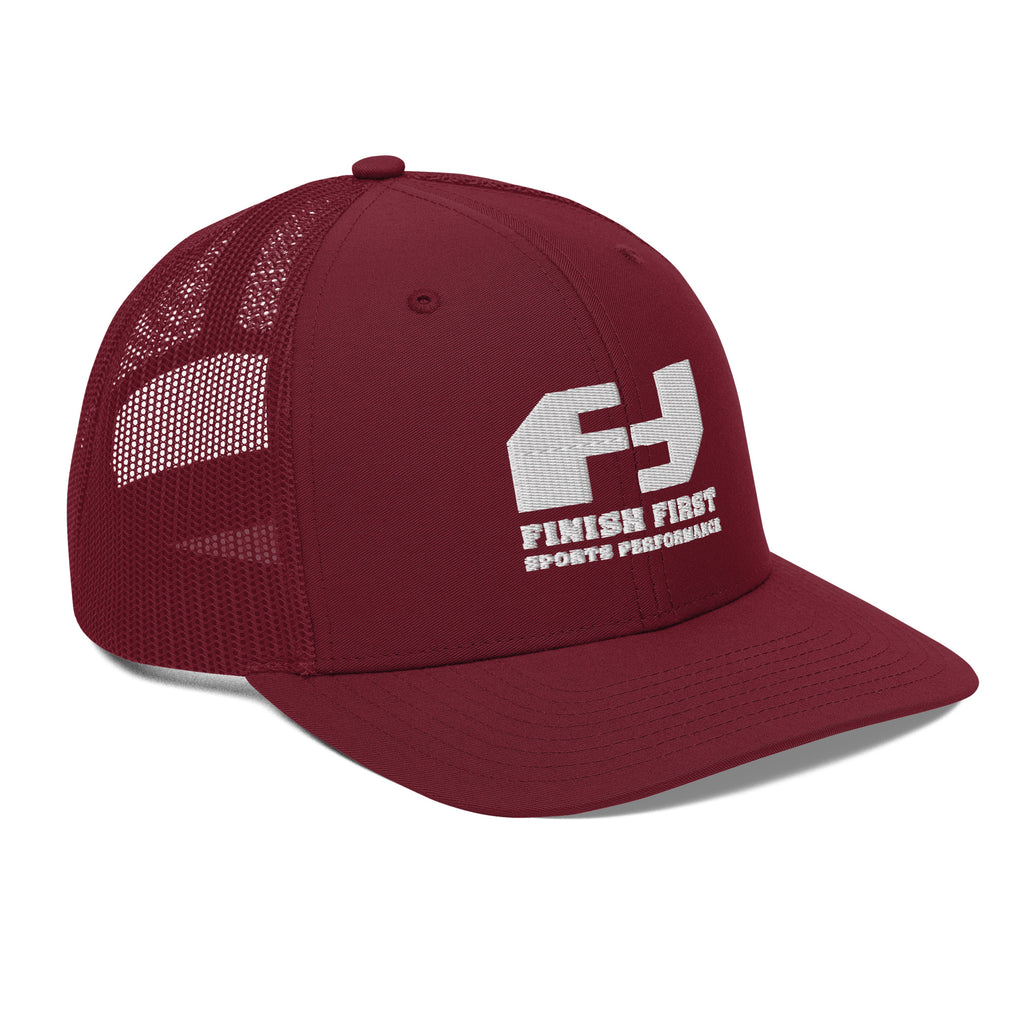 Finish First embroidered trucker cap in cardinal, right front view