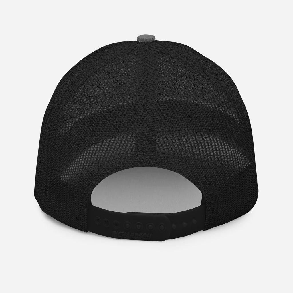 Finish First black logo trucker cap in charcoal and black, back view