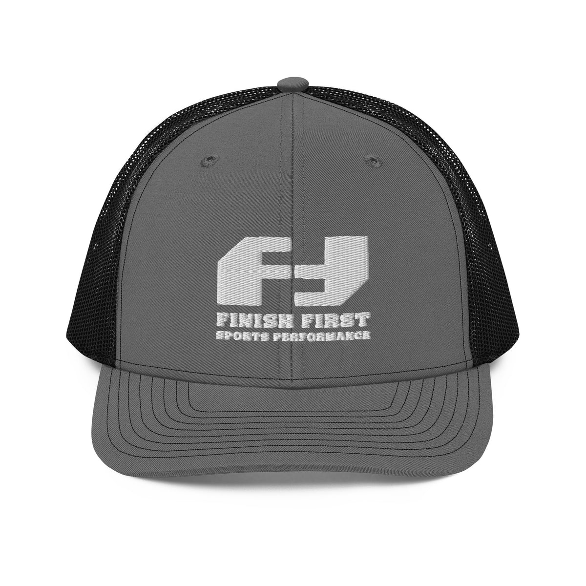 Finish First embroidered trucker cap in charcoal and black, front view
