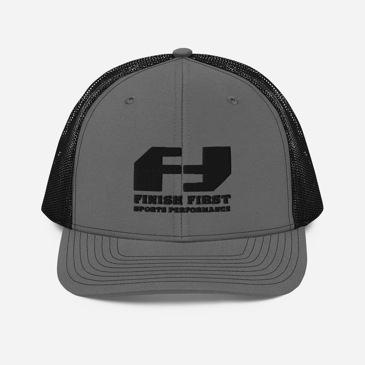 Finish First black logo trucker cap in charcoal and black, front view