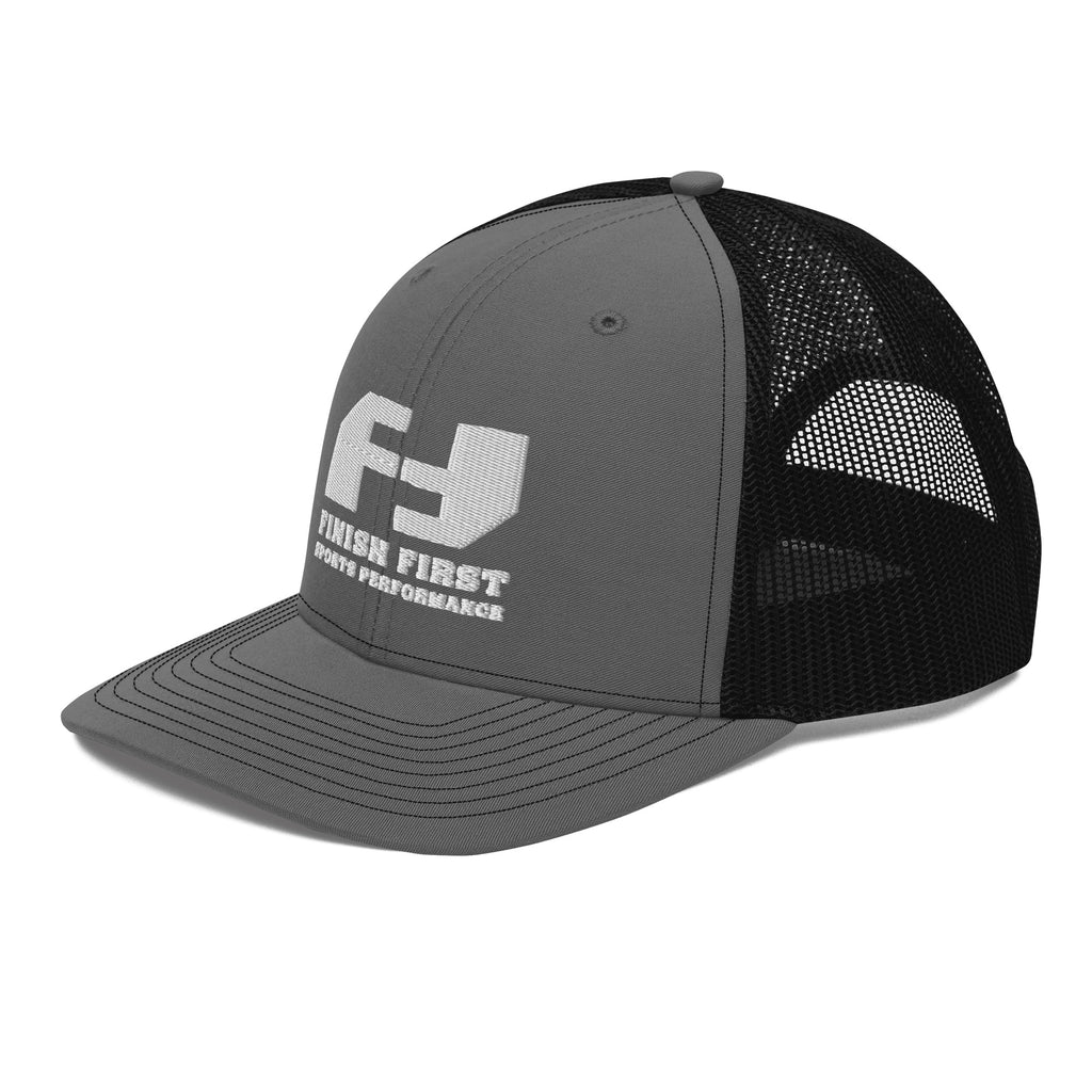 Finish First embroidered trucker cap in charcoal and black, left front view