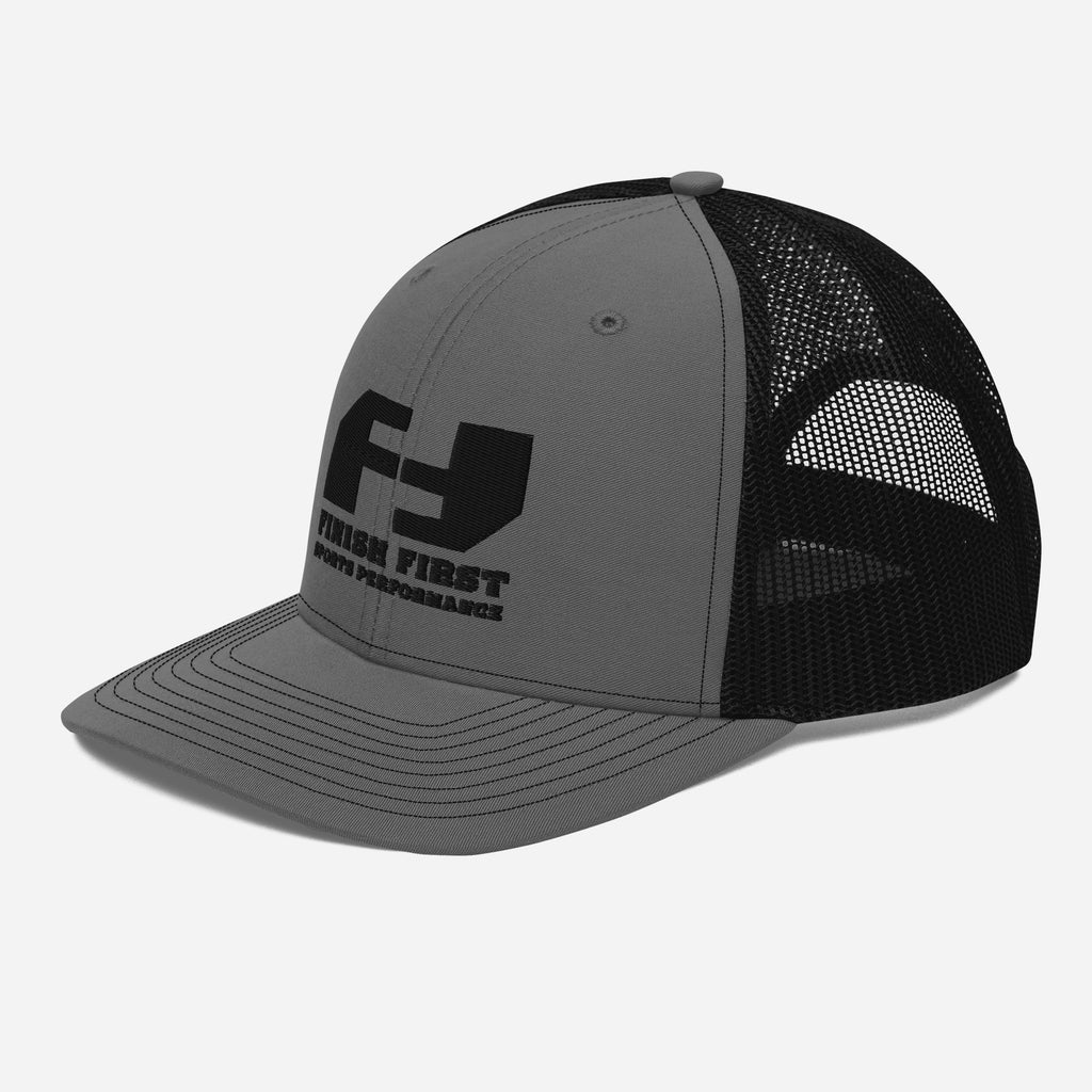 Finish First black logo trucker cap in charcoal and black, left front view