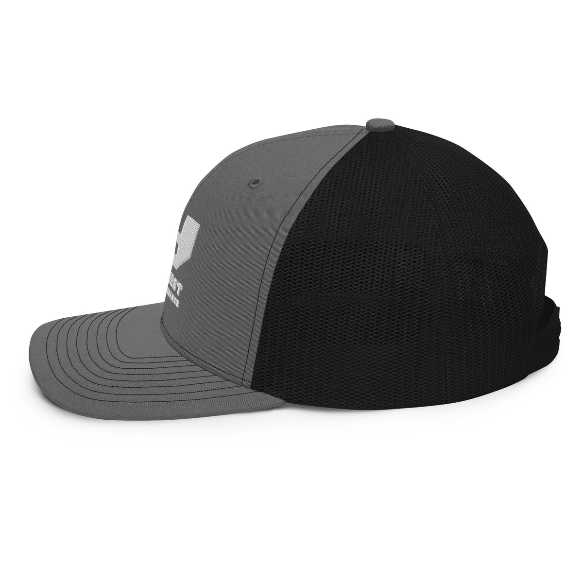 Finish First embroidered trucker cap in charcoal and black, left side view