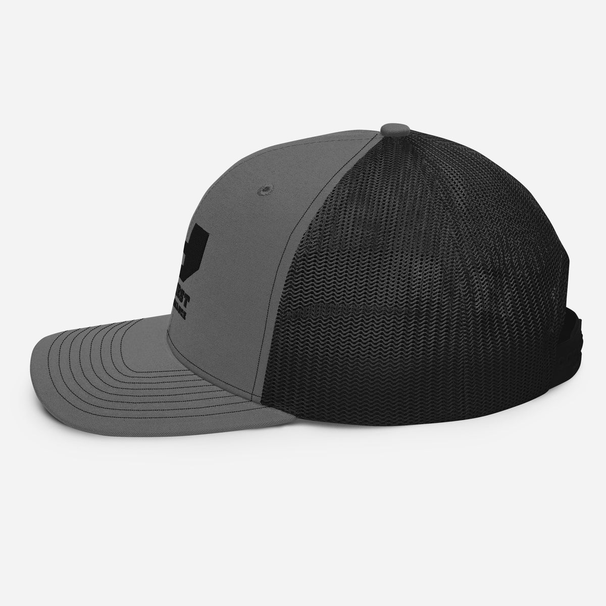 Finish First black logo trucker cap in charcoal and black, left side view
