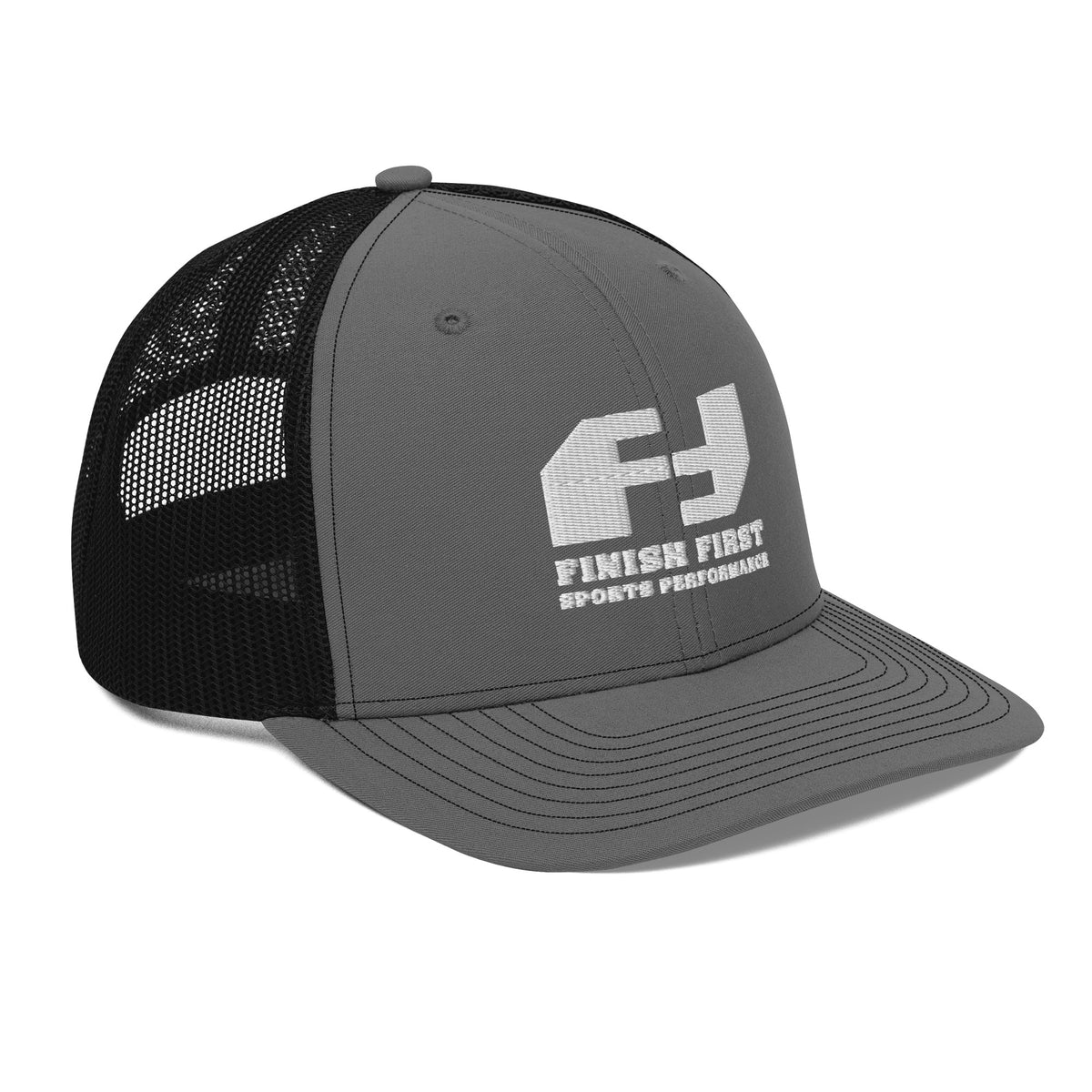 Finish First embroidered trucker cap in charcoal and black, right front view