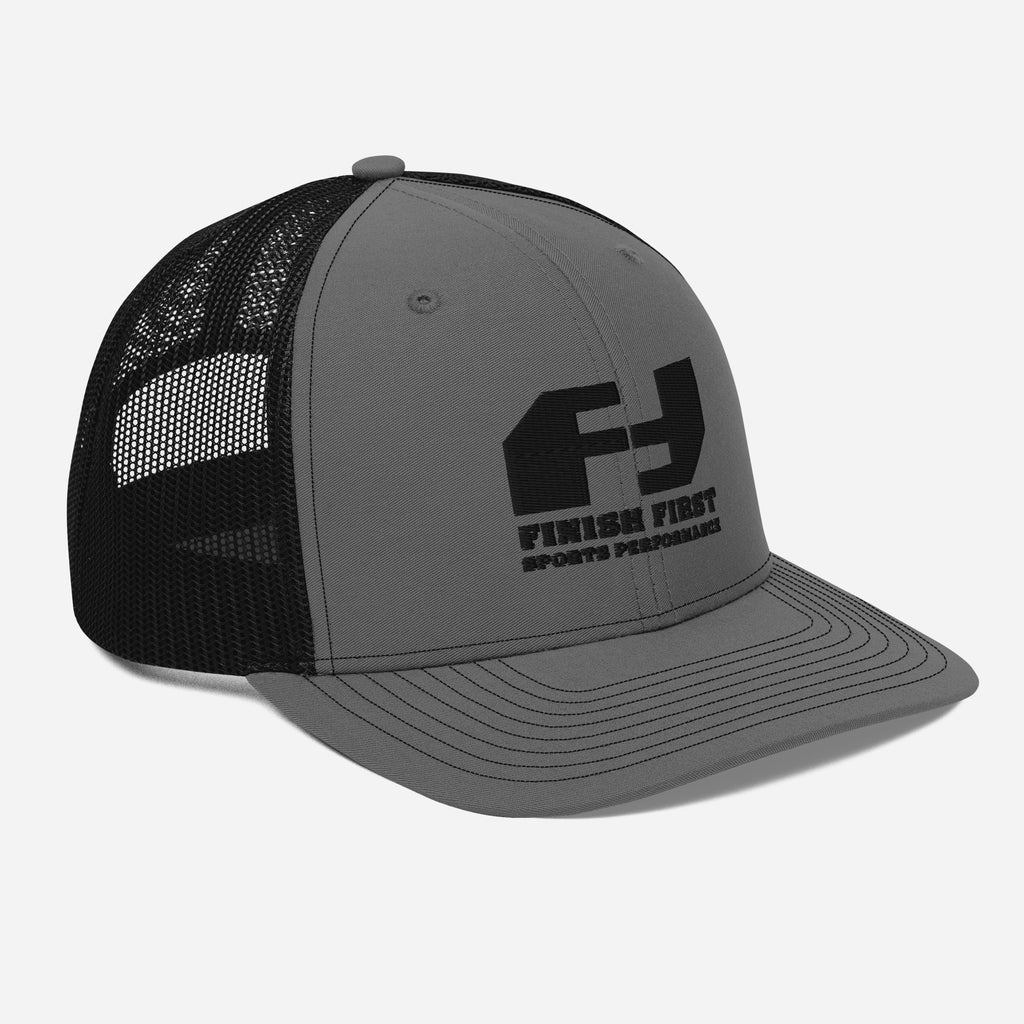 Finish First black logo trucker cap in charcoal and black, right front view