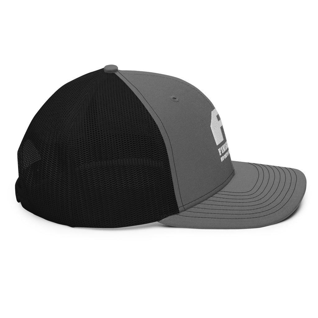 Finish First embroidered trucker cap in charcoal and black, right side view