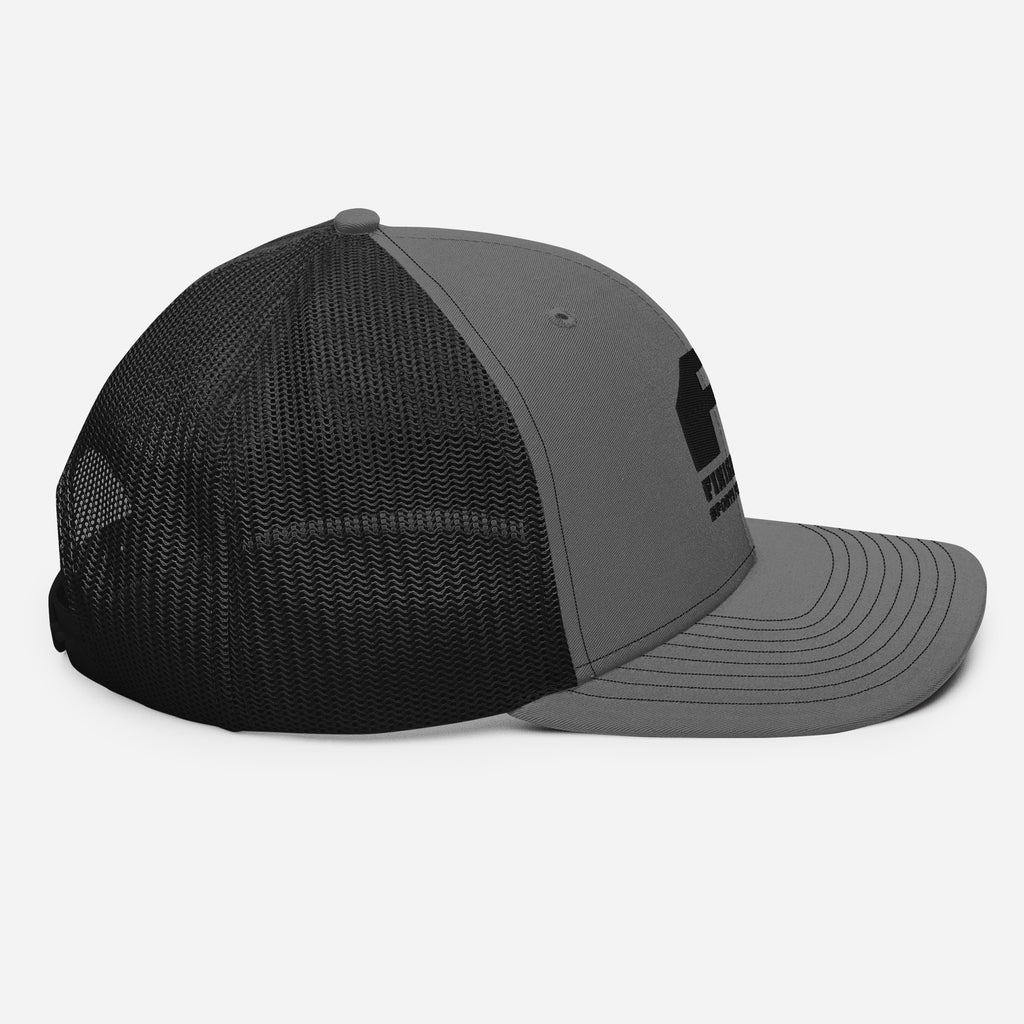 Finish First black logo trucker cap in charcoal and black, right side view