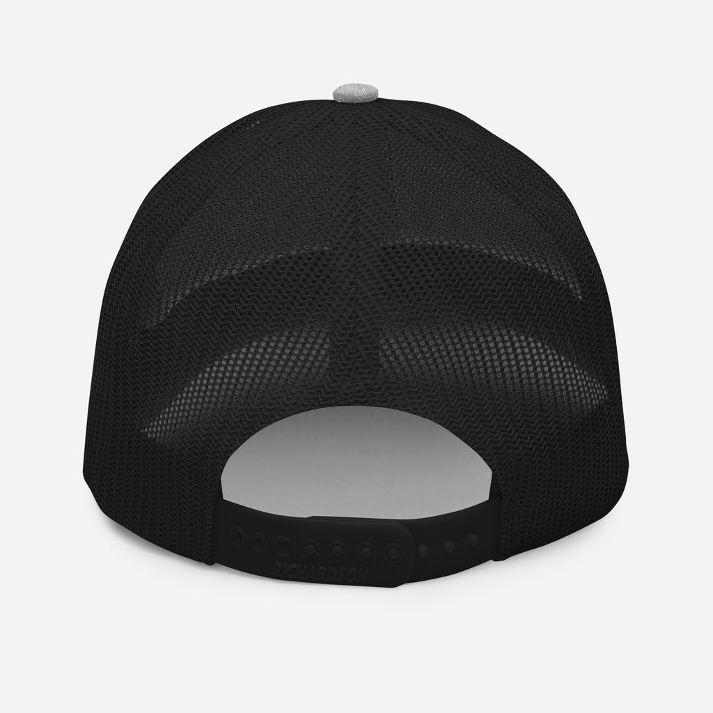 Finish First black logo trucker cap in heather grey and black, back view